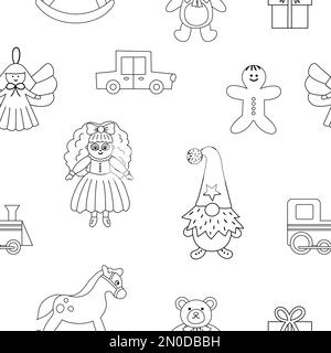 Cute black and white seamless pattern with Christmas toys. Vector line background with New Year gifts for kids. Digital paper with Santa Claus present Stock Vector