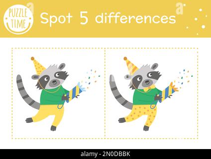 Birthday party find differences game for children. Holiday educational activity with funny raccoon with cracker. Printable worksheet with smiling char Stock Vector