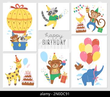 Vector set of Birthday party compositions with cute animals. Holiday background designs for banners, posters, invitations. Festive card templates with Stock Vector