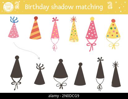 Birthday shadow matching activity for children. Fun puzzle with cute party hats. Holiday celebration educational game for kids. Find the correct silho Stock Vector