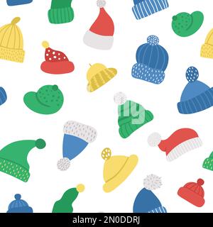 Vector seamless pattern with cute hats. Funny repeating background with warm head clothes. Autumn or winter accessory digital paper. Stock Vector