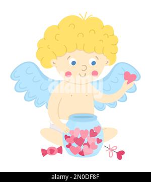 Vector cupid with jar of hearts. Funny Valentine’s day character. Happy love angel with spread wings. Playful cherub icon isolated on white background Stock Vector