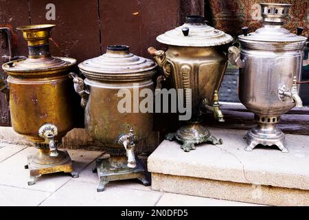 antique Oriental Turkish iron dishes for boiling water, samovar Stock Photo