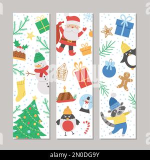 Vector Christmas bookmarks set with Santa Claus, fir tree, snowman, deer. Funny New Year design for banners, posters, invitations. Winter holiday vert Stock Vector