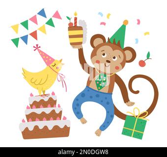 Vector Birthday party composition with cute dancing monkey, cake, bird, present. Holiday background design for banners, posters, invitations. Festive Stock Vector
