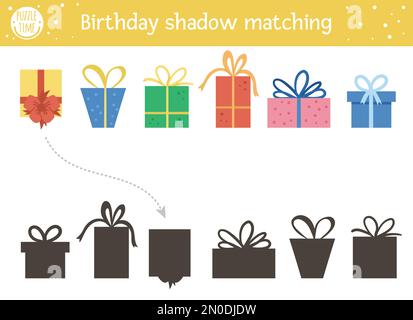 Birthday shadow matching activity for children. Fun puzzle with cute gift boxes. Holiday celebration educational game for kids with presents. Find the Stock Vector