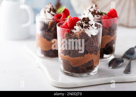 Chocolate trifle or parfait with raspberry, chocolate mousse and whipped cream Stock Photo