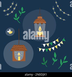 Vector set of lanterns with candles, garlands, leaves and firefly isolated on white background. Cute funny illustration of new year symbol or night il Stock Vector