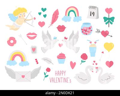 Vector set of Saint Valentine’s day symbols. Collection of cute characters and objects with love concept. Cupid, doves, hearts and swans isolated on w Stock Vector