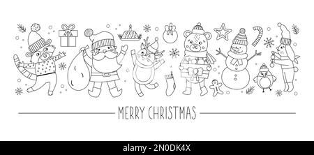 Vector horizontal set with black and white Christmas characters and elements. Card template design with Santa Claus, funny animals, snowman, present. Stock Vector