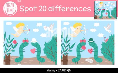 Saint Valentine day find differences game for children. Holiday educational activity with caterpillars in the garden. Printable worksheet with cute ch Stock Vector