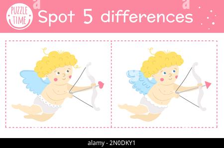 Saint Valentine day find differences game for children. Holiday educational activity with funny cupid and bow with arrow. Printable worksheet with cut Stock Vector