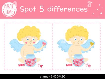 Saint Valentine day find differences game for children. Holiday educational activity with funny cupid and jar with hearts. Printable worksheet with cu Stock Vector