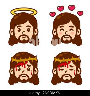 Jesus Christ face set in cute cartoon style. Smiling, love with hearts, suffering with thorn crown. Vector illustration. Stock Vector