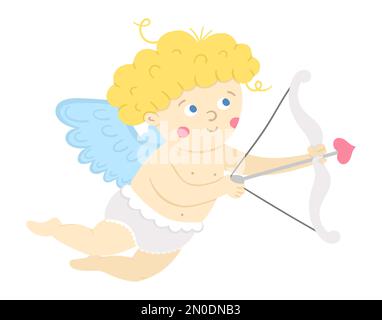 Vector cupid shooting from bow with arrow. Funny Valentine’s day character. Flying love angel with spread wings. Playful cherub icon isolated on white Stock Vector