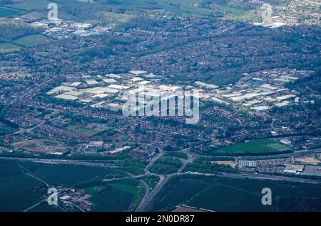 Aerial view of the Cressex Industrial Estate and Cressex Business Park district of High Wycombe with the junction between the M40 motorway and A404 tr Stock Photo