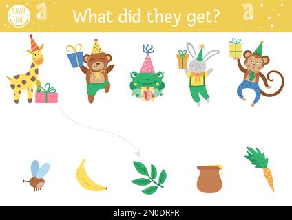 Birthday matching activity for children. Fun puzzle with cute animals in party hats and presents. Holiday celebration educational game, printable work Stock Vector