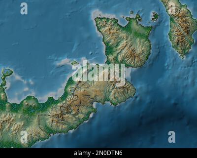 East New Britain, province of Papua New Guinea. Colored elevation map with lakes and rivers Stock Photo