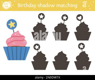 Birthday shadow matching activity for children. Fun puzzle with cute party dessert. Holiday celebration educational game for kids with cupcake. Find t Stock Vector