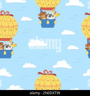 Vector seamless pattern with cute animals in hot air balloon and clouds. Holiday repeating background with adorable flying characters. Funny birthday Stock Vector