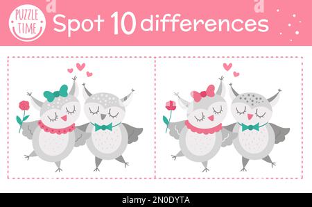 Saint Valentine day find differences game for children. Holiday educational activity with funny owls couple. Printable worksheet with cute characters. Stock Vector