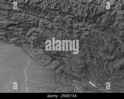 Hela, province of Papua New Guinea. Grayscale elevation map with lakes and rivers Stock Photo