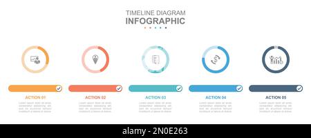 Infographic business template. 5 Steps Modern Timeline diagram roadmap with percent pie chart. Concept presentation. Stock Vector