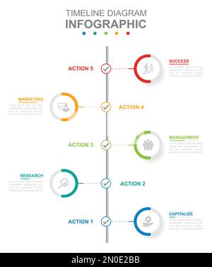 Infographic business template. 5 Steps Modern Timeline diagram calendar with vertical topics and circles. Concept presentation. Stock Vector