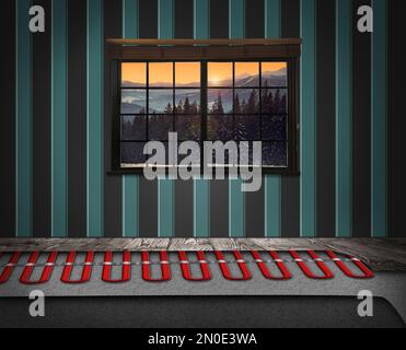 Cold season comfort. Room with installed underfloor heating system, illustration Stock Photo