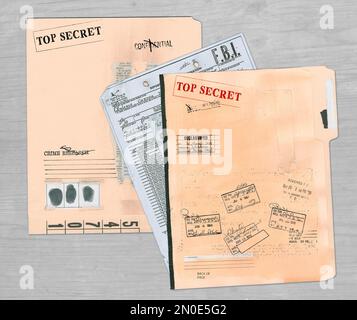 Top secret document, declassified, confidential information, secret text. Non-public information. Sheet of paper with classified information Stock Photo