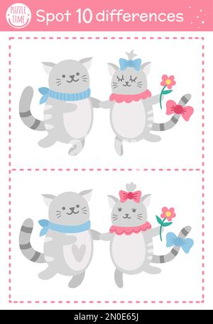 Saint Valentine day find differences game for children. Holiday educational activity with funny cats couple. Printable worksheet with cute characters. Stock Vector