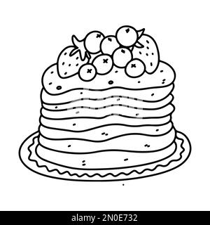 Cake with fruits on top in hand drawn doodle style. Isolated on white background Stock Vector