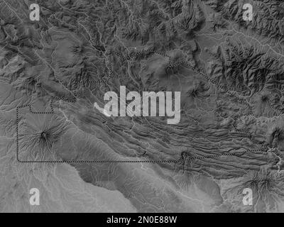 Southern Highlands, province of Papua New Guinea. Grayscale elevation map with lakes and rivers Stock Photo