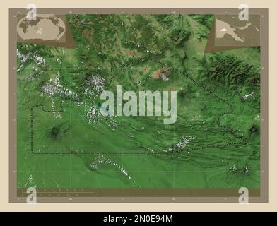 Southern Highlands, province of Papua New Guinea. High resolution satellite map. Corner auxiliary location maps Stock Photo