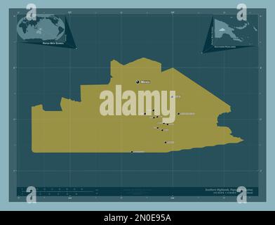 Southern Highlands, province of Papua New Guinea. Solid color shape. Locations and names of major cities of the region. Corner auxiliary location maps Stock Photo