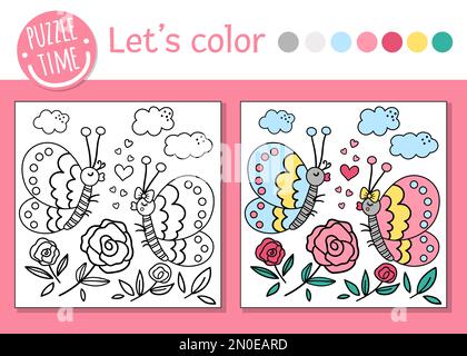 Saint Valentine Day coloring page for children. Funny scene with butterflies, flowers, hearts. Vector holiday outline illustration with cute insects. Stock Vector
