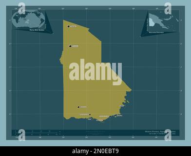 Western Province, province of Papua New Guinea. Solid color shape. Locations and names of major cities of the region. Corner auxiliary location maps Stock Photo