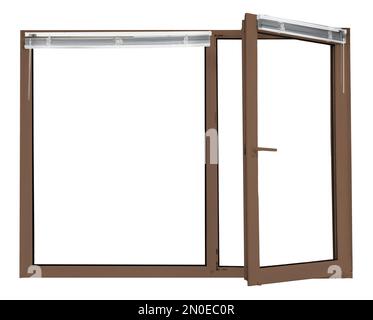 Modern plastic window with brown frame on white background Stock Photo