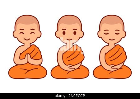 Cute cartoon Thai boys as Buddhist monks sitting in meditation. Child novice apprentice in Southeast Asia Theravada buddhism. Vector illustration set. Stock Vector