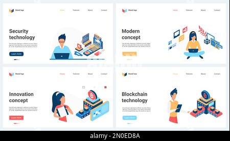 Innovations in digital data security, modern blockchain technology set vector illustration. Cartoon tiny people work with future cyber systems and datacenter connection, secure cryptocurrency transfer Stock Vector