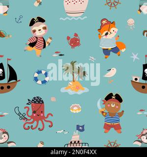 Pirate marine print, animal pirates and ships. Cute children ocean seamless pattern, decorative nautical cartoon design. Nowaday animals vector Stock Vector