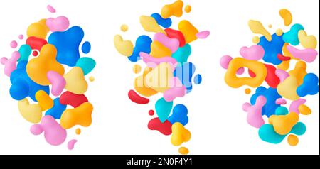 Liquid shapes 3d abstract compositions. Colorful plastic or plasticine blobs and drops. Multicolor bubbles party design. Modern fluid floating pithy Stock Vector