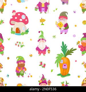 Cartoon gnome seamless pattern. Fairy houses and dwarf, cute funny children magic tale fabric print template. Garden gnomes nowaday vector element Stock Vector