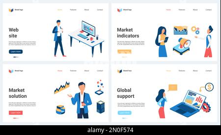 Global market solution support, business website and sales indicators set vector illustration. Cartoon tiny people analyze graphs and charts on laptop desktop and dashboard with financial reports Stock Vector