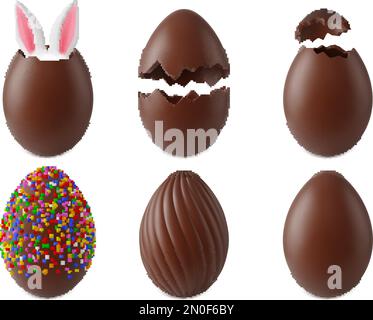 Chocolate easter realistic eggs. 3d egg surprise, easter children cracked chocolates candy. Broken symbol with bunny ears, pithy vector set Stock Vector