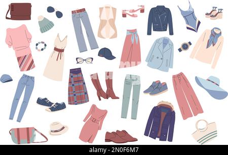 Fashion clothes bundle, bohemian lifestyle. Warming apparel, accessories and shoes. Winter summer season dresses and pants, flat kicky vector pack Stock Vector