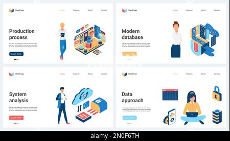 Data approach and analysis of modern database and cloud storage, digital production process set vector illustration. Cartoon tiny people work with computer system and science methods for analytics Stock Vector