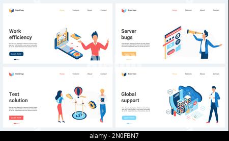 Efficiency of global support, server bugs test set vector illustration. Cartoon tiny people fix tech errors, engineers work with software, computer systems and solutions for vulnerability assessment Stock Vector
