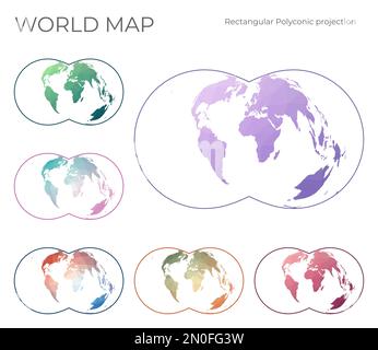 Low Poly World Map Set. Rectangular (War Office) polyconic projection. Collection of the world maps in geometric style. Vector illustration. Stock Vector