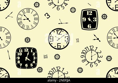 Various wall clocks and gears - seamless pattern Stock Vector